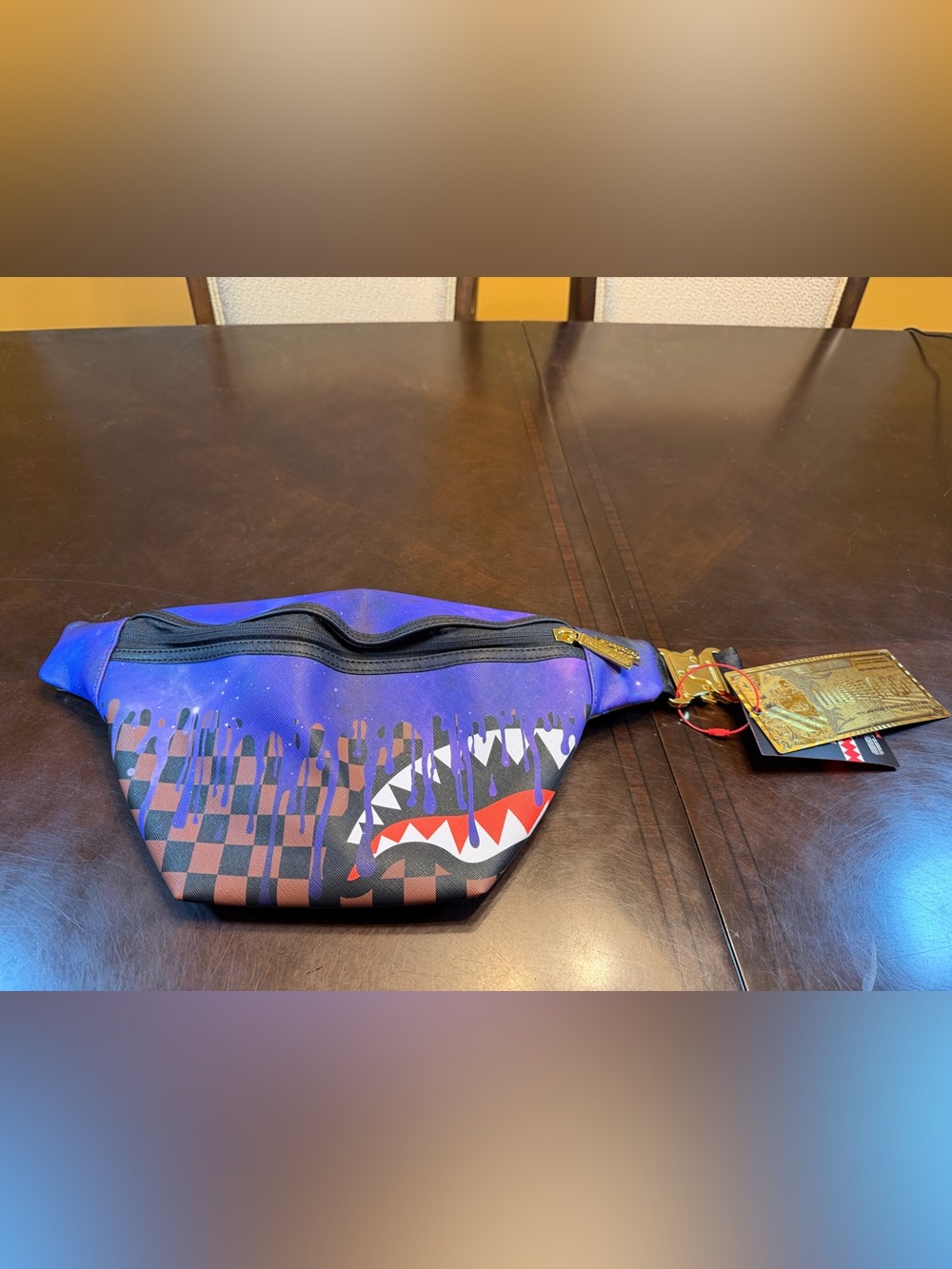 New Sprayground Shark Splattered Paint Checkered Crossbody Fanny Pack Bag Large